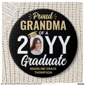 Graduate Photo Proud Grandma Elegant Black & Gold Button
