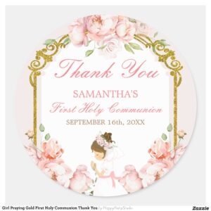 Girl Praying Gold First Holy Communion Thank You Classic Round Sticker