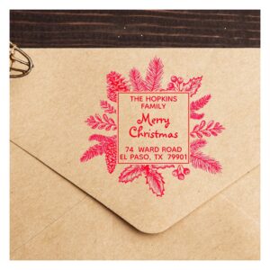 Christmas Square Leaves Family Name Return Address Rubber Stamp