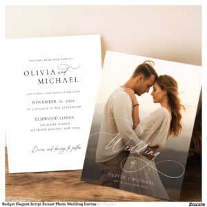 Budget Elegant Script Sunset Photo Wedding Invites