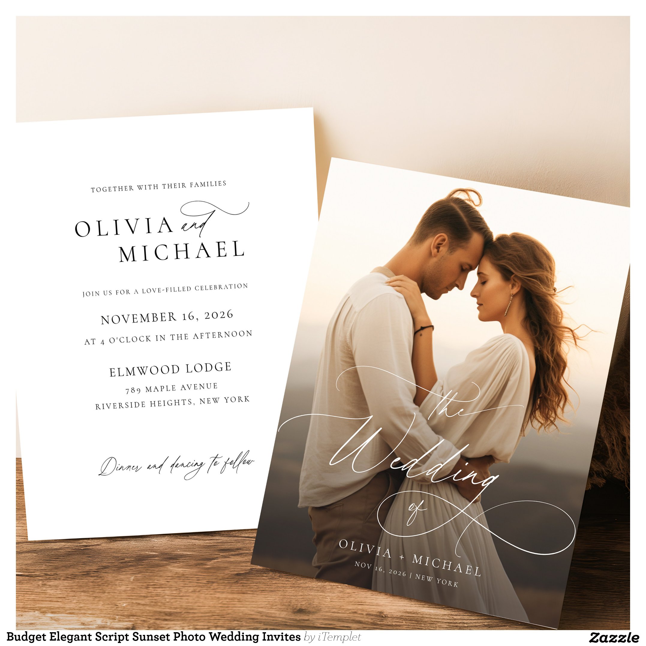 Budget Elegant Script Sunset Photo Wedding Invites