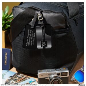 Gray Steel Masculine Monogram Executive Style Luggage Tag