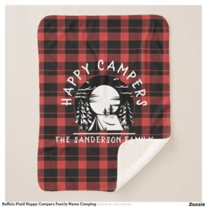 Buffalo Plaid Happy Campers Family Name Camping Sherpa Blanket