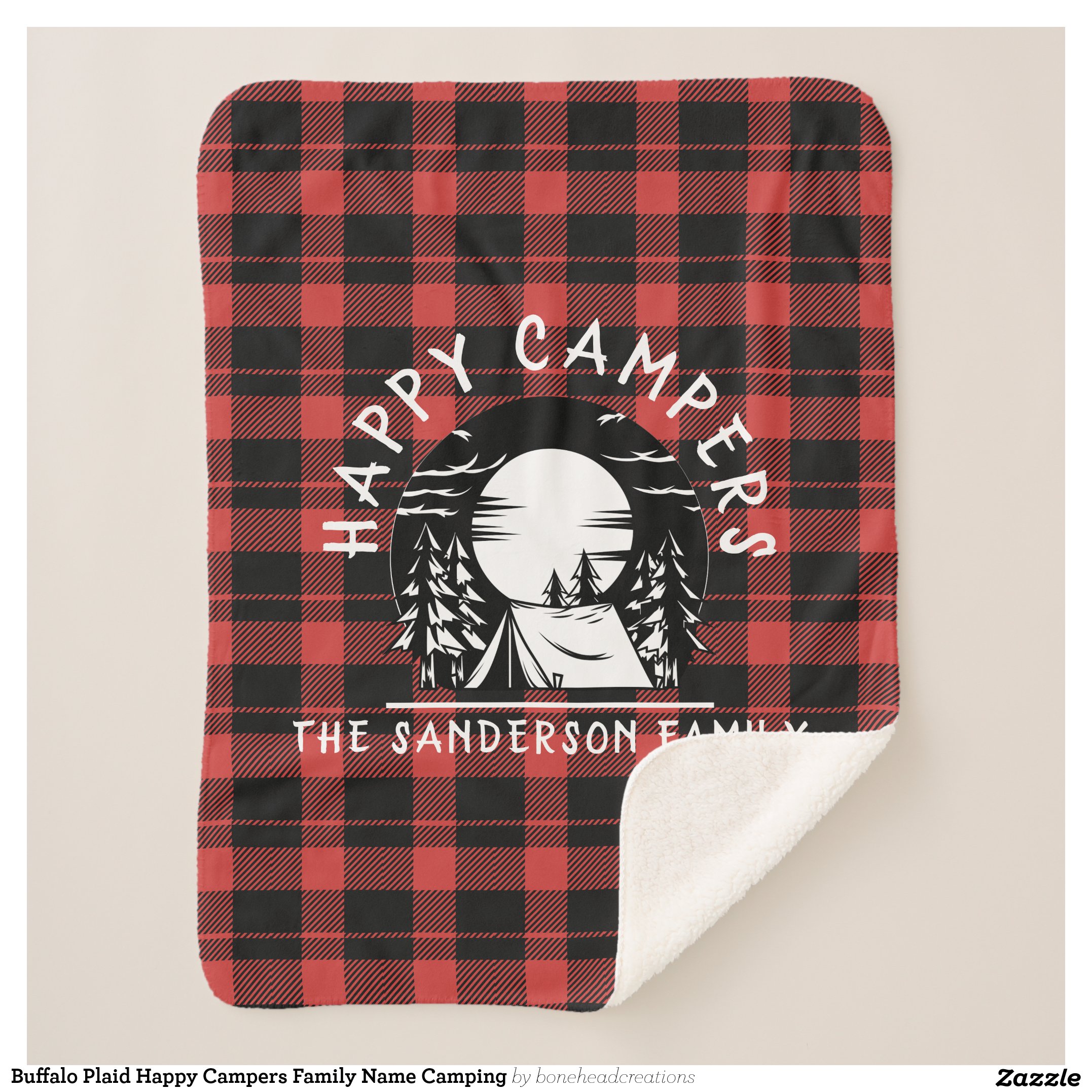 Buffalo Plaid Happy Campers Family Name Camping Sherpa Blanket