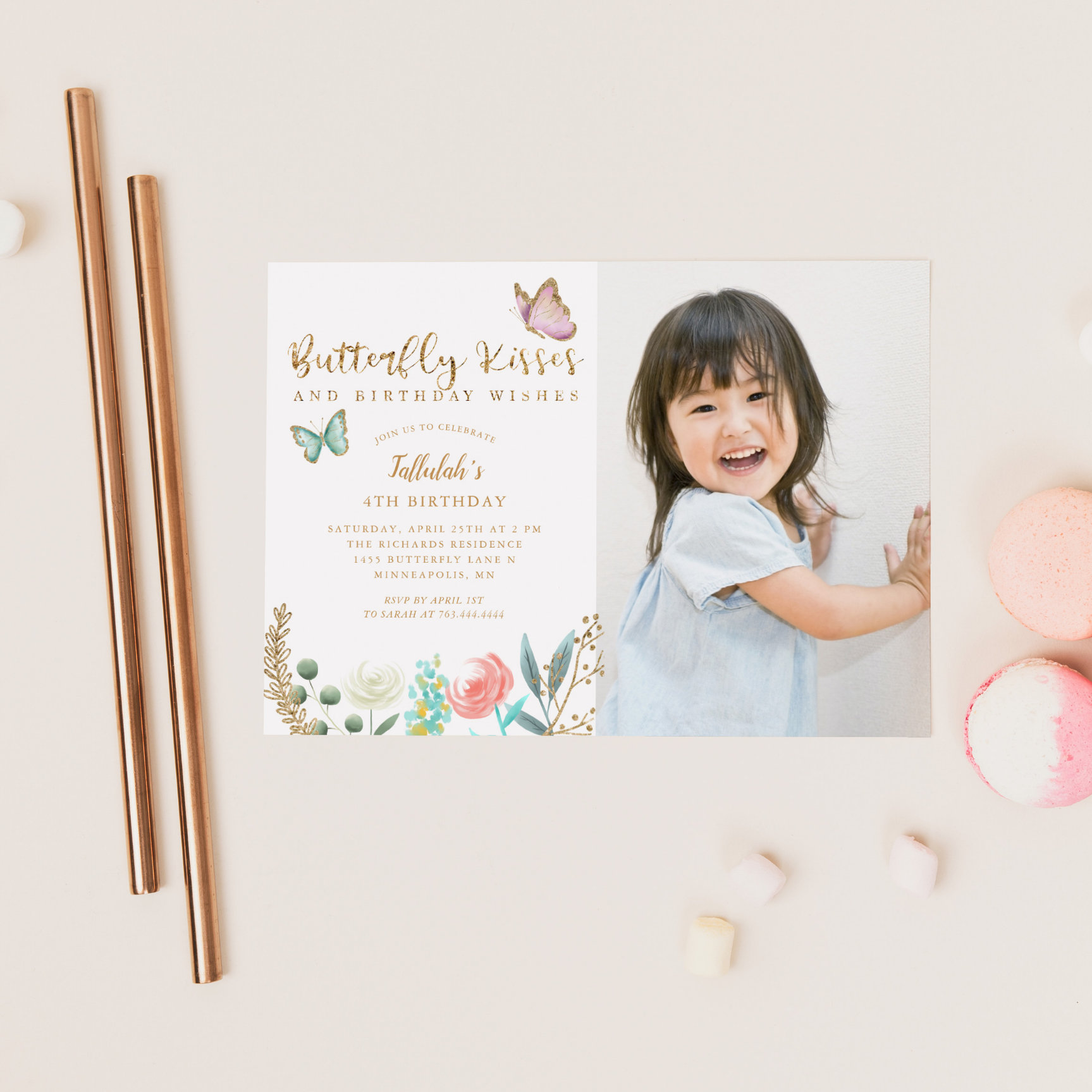 Butterfly Kisses Birthday Wishes Photo Party Invitation