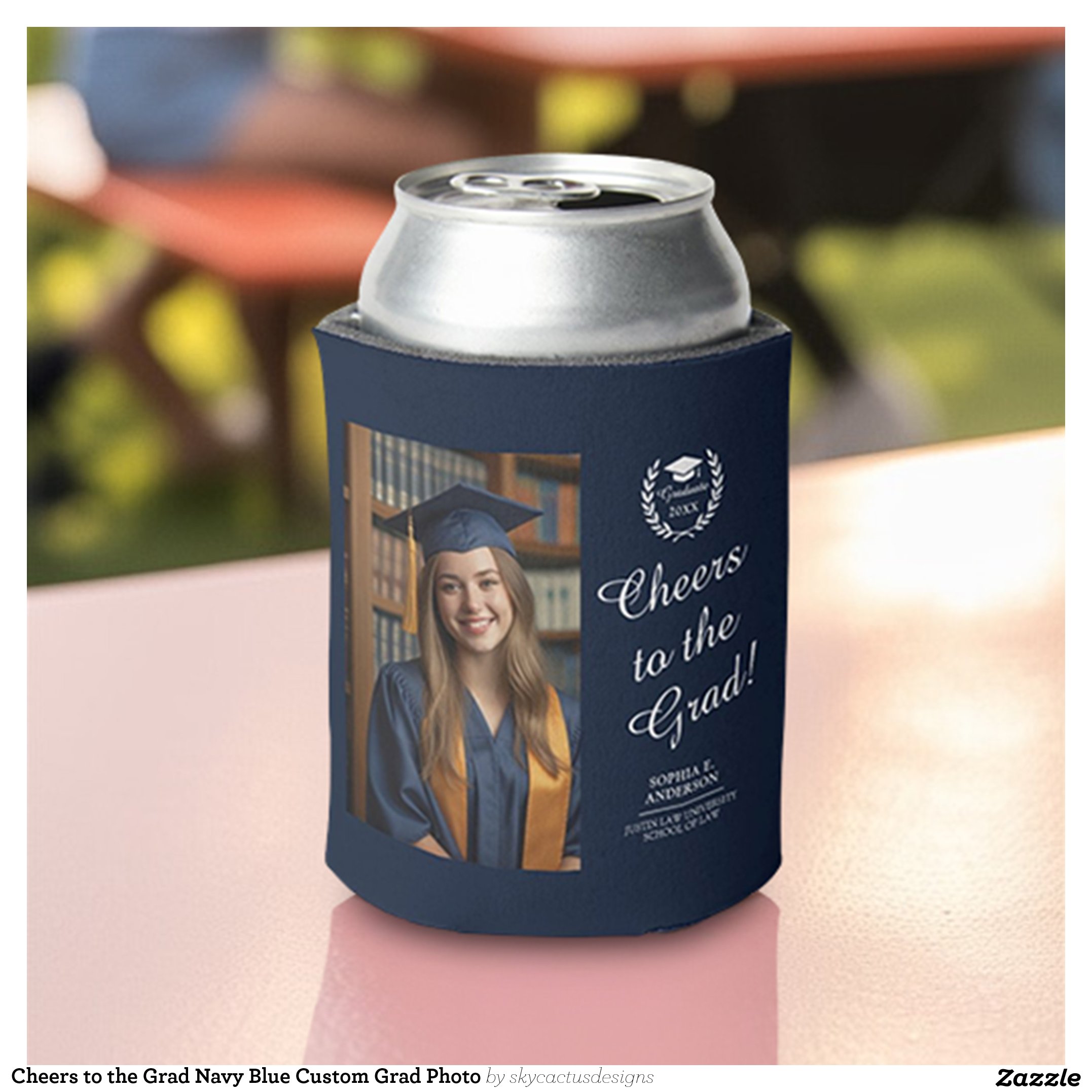 Cheers to the Grad Navy Blue Custom Grad Photo Can Cooler