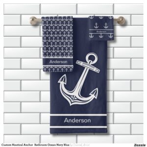 Custom Nautical Anchor Bathroom Ocean Navy Blue Bath Towel Set