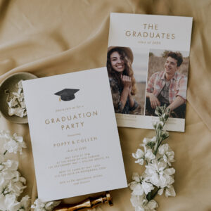 Chic Gold Grad Cap Photo Double Graduation Party Invitation