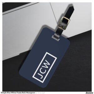 Simple Blue White Frame Bold Monogram Luggage Tag