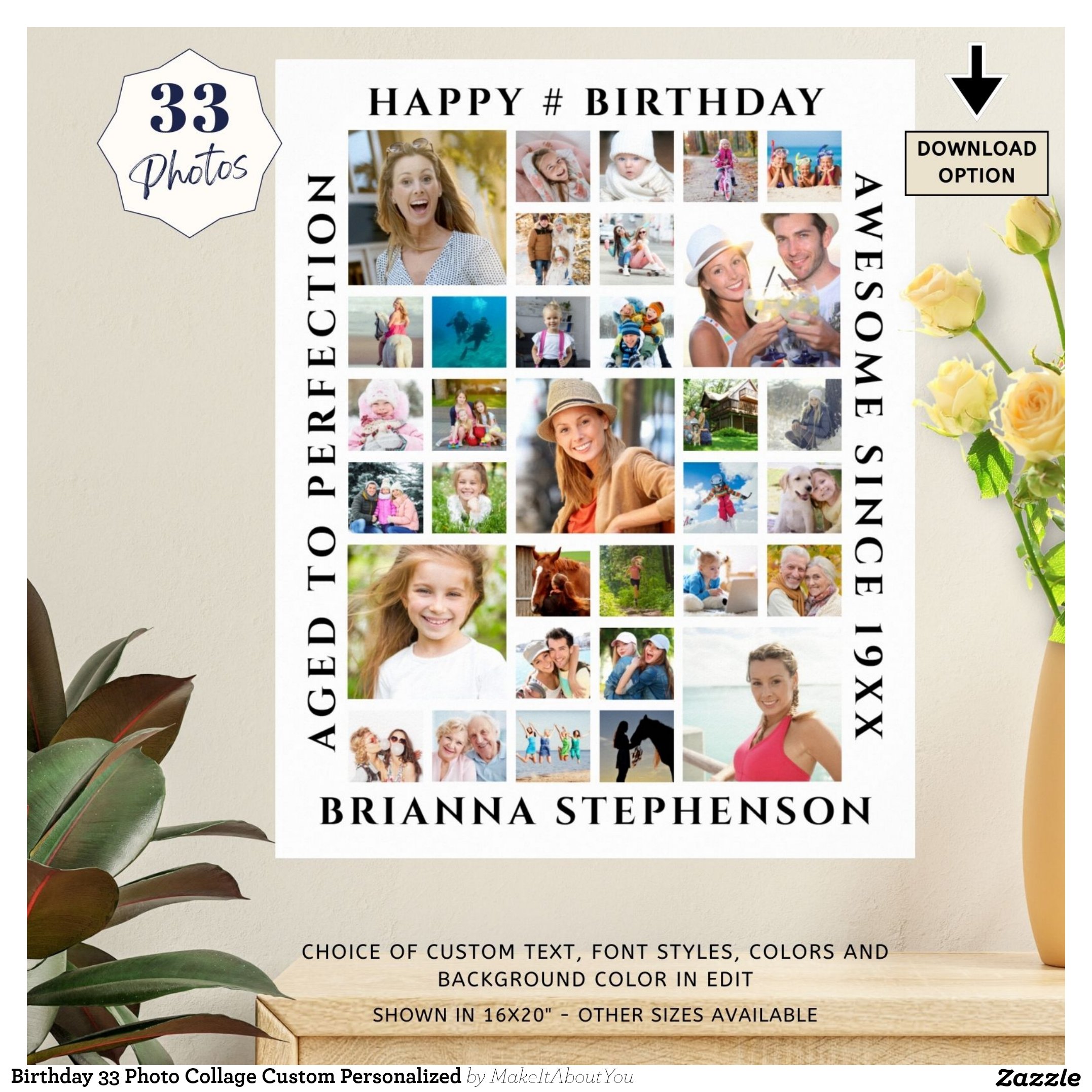 Birthday 33 Photo Collage Custom Personalized Poster