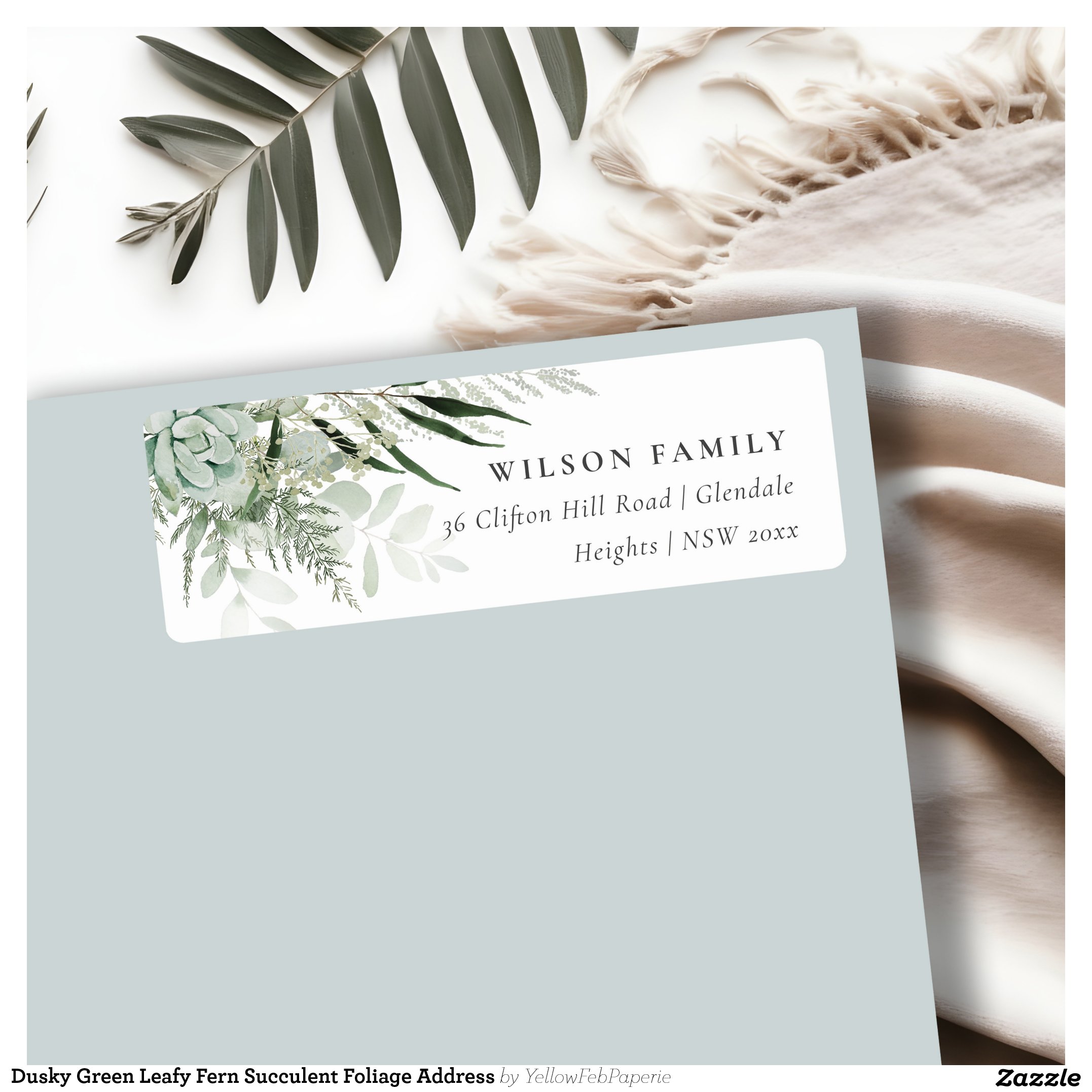 Dusky Green Leafy Fern Succulent Foliage Address Label