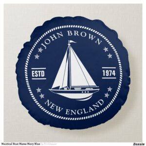 Nautical Boat Name Navy Blue Round Pillow