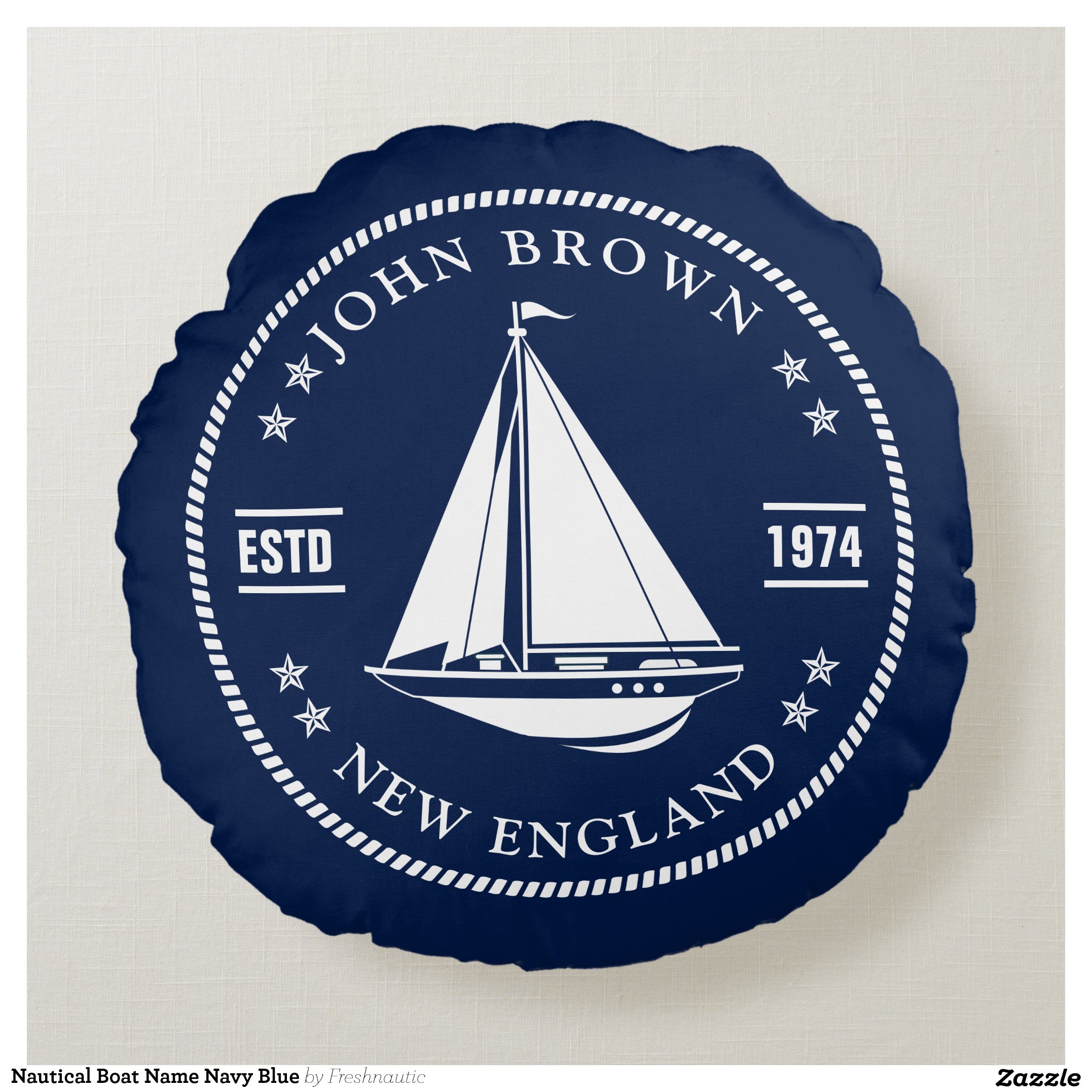 Nautical Boat Name Navy Blue Round Pillow