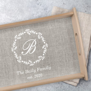 White Botanical Wreath Family Name Monogram Wood Serving Tray
