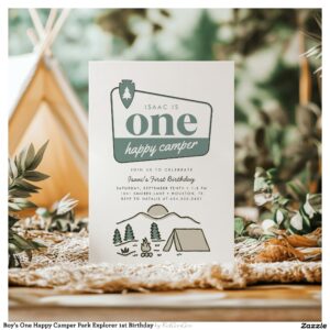 Boy's One Happy Camper Park Explorer 1st Birthday Invitation