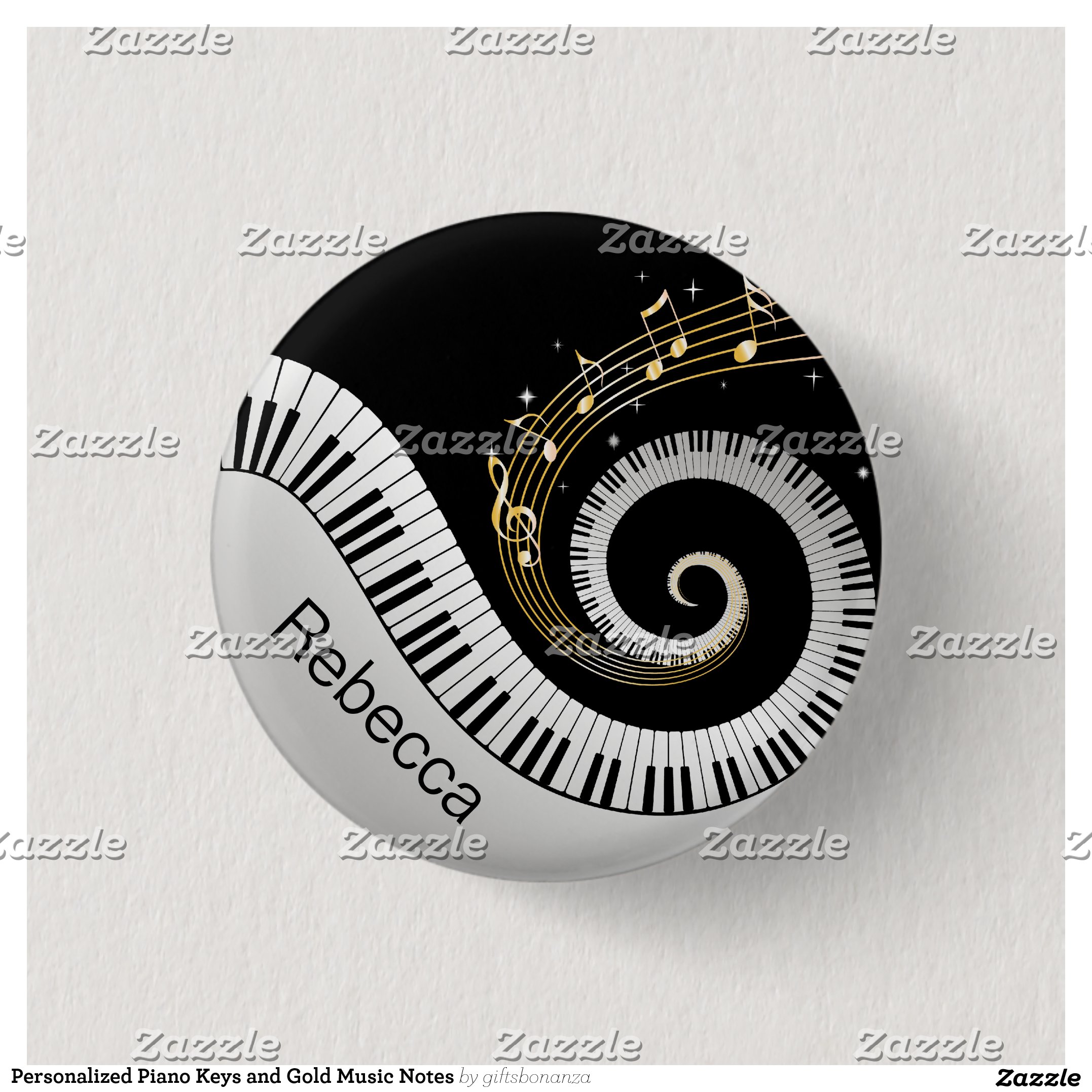 Personalized Piano Keys and Gold Music Notes Pinback Button