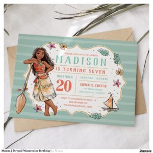 Moana Striped Watercolor Birthday Invitation