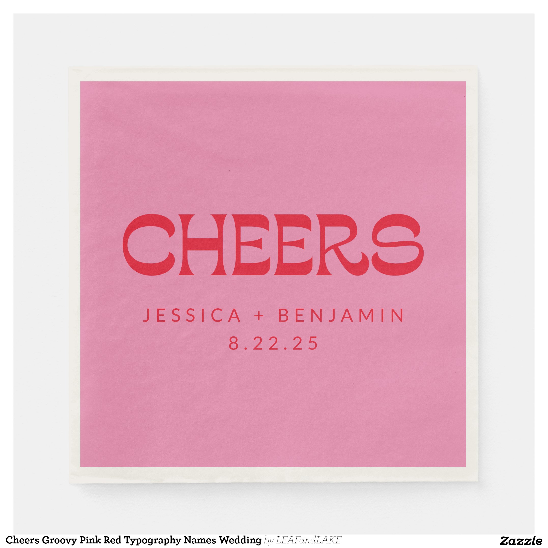 Cheers Groovy Pink Red Typography Names Wedding Napkins