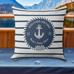Nautical Boat Name Anchor Rope Navy Blue Welcome Outdoor Pillow