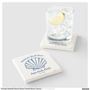 Vintage Seashell Beach House Family Name Custom Stone Coaster