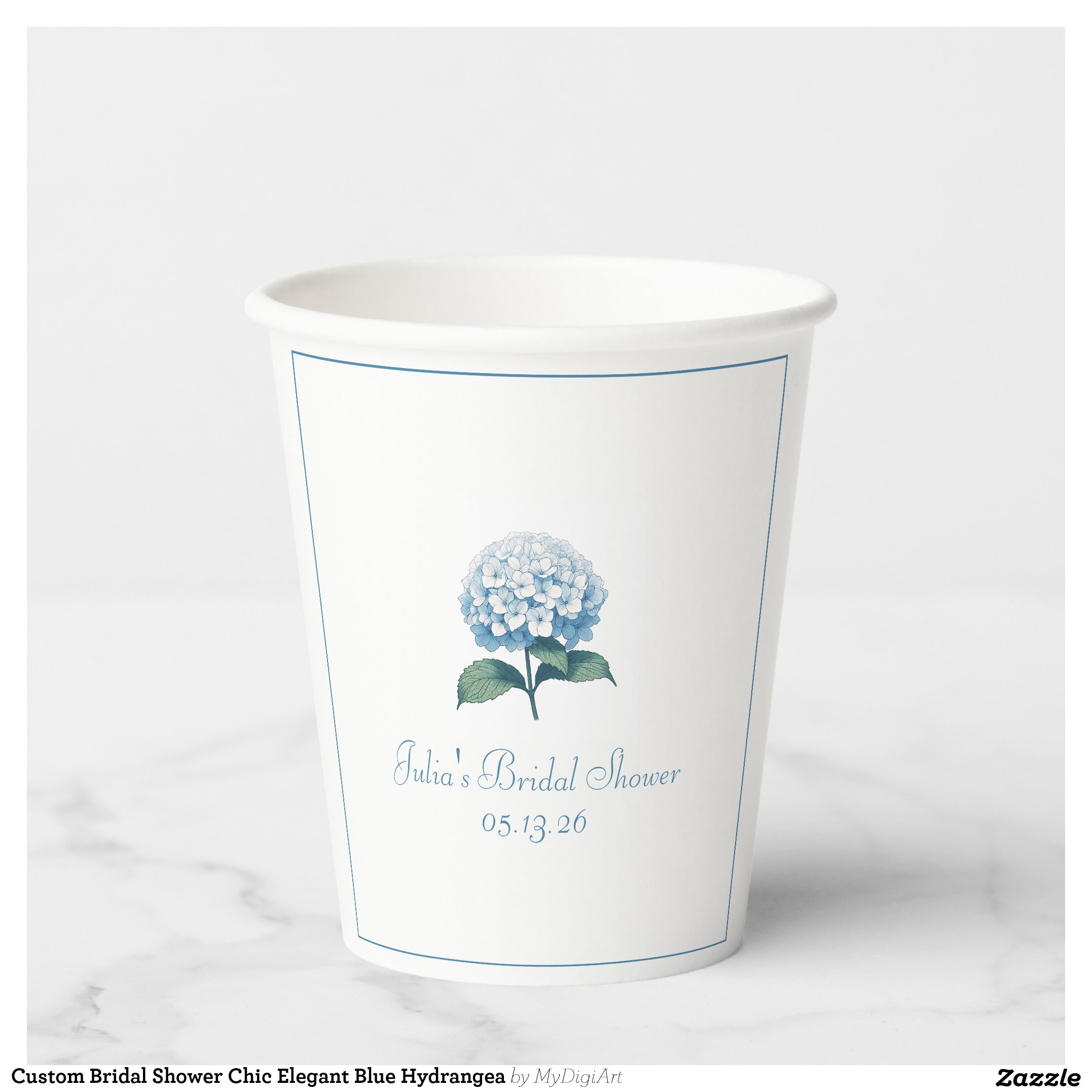 Custom Bridal Shower Chic Elegant Blue Hydrangea Paper Cups