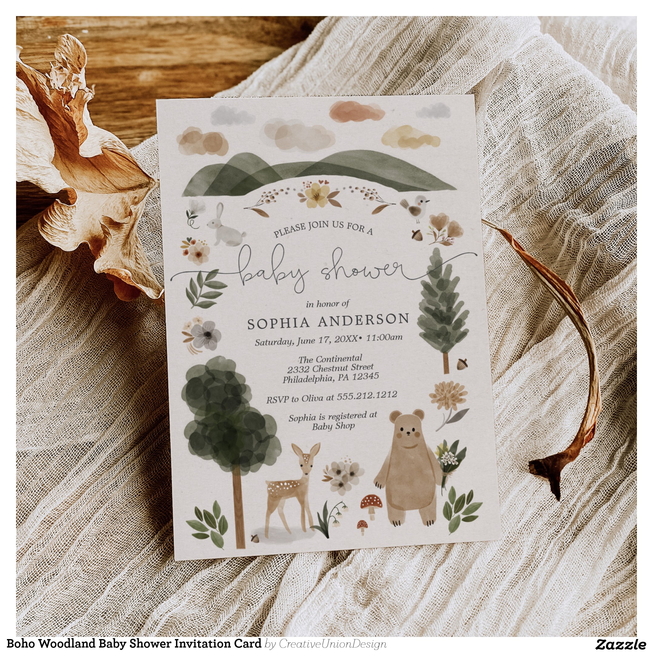 Boho Woodland Baby Shower Invitation Card