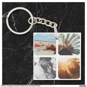 8 Photo Template Double Sided Grid Rounded White Keychain