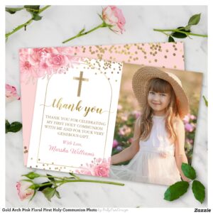 Gold Arch Pink Floral First Holy Communion Photo Thank You Card