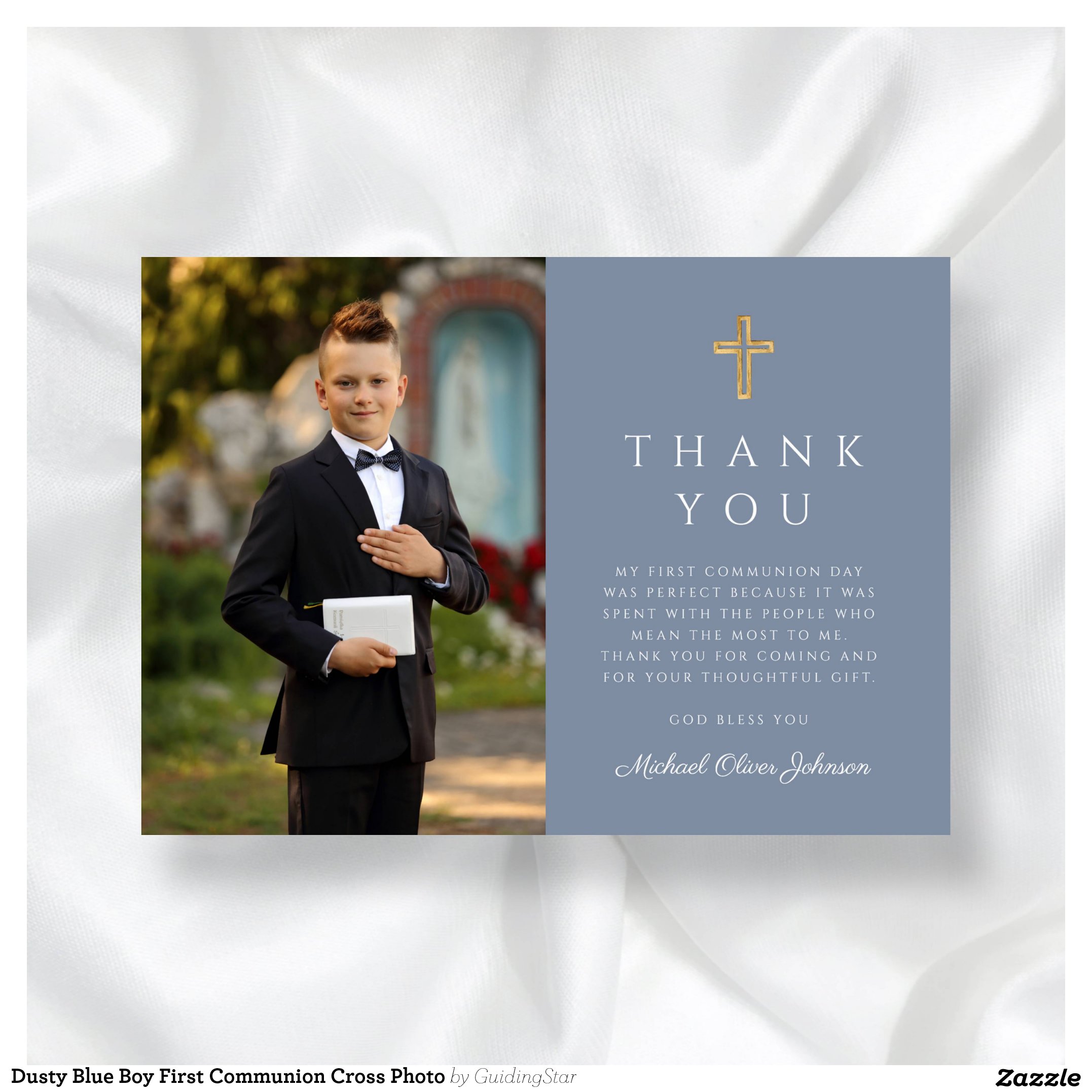 Dusty Blue Boy First Communion Cross Photo Thank You Card
