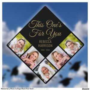 Memorial 5 Photo Collage Black And Gold Graduation Cap Topper