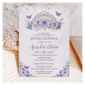 Quincea?era Purple Lilac Floral Tiara Butterflies Invitation