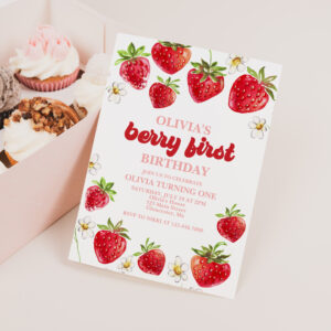 Strawberry Berry First Birthday Invitation