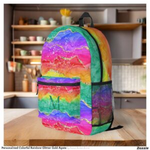 Personalized Colorful Rainbow Glitter Gold Agate Printed Backpack