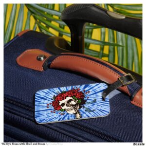 Tie Dye Blues with Skull and Roses Luggage Tag