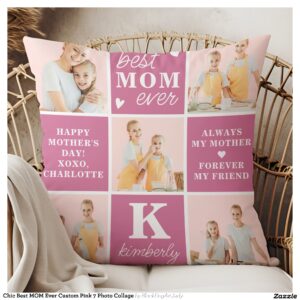 Chic Best MOM Ever Custom Pink 7 Photo Collage Throw Pillow