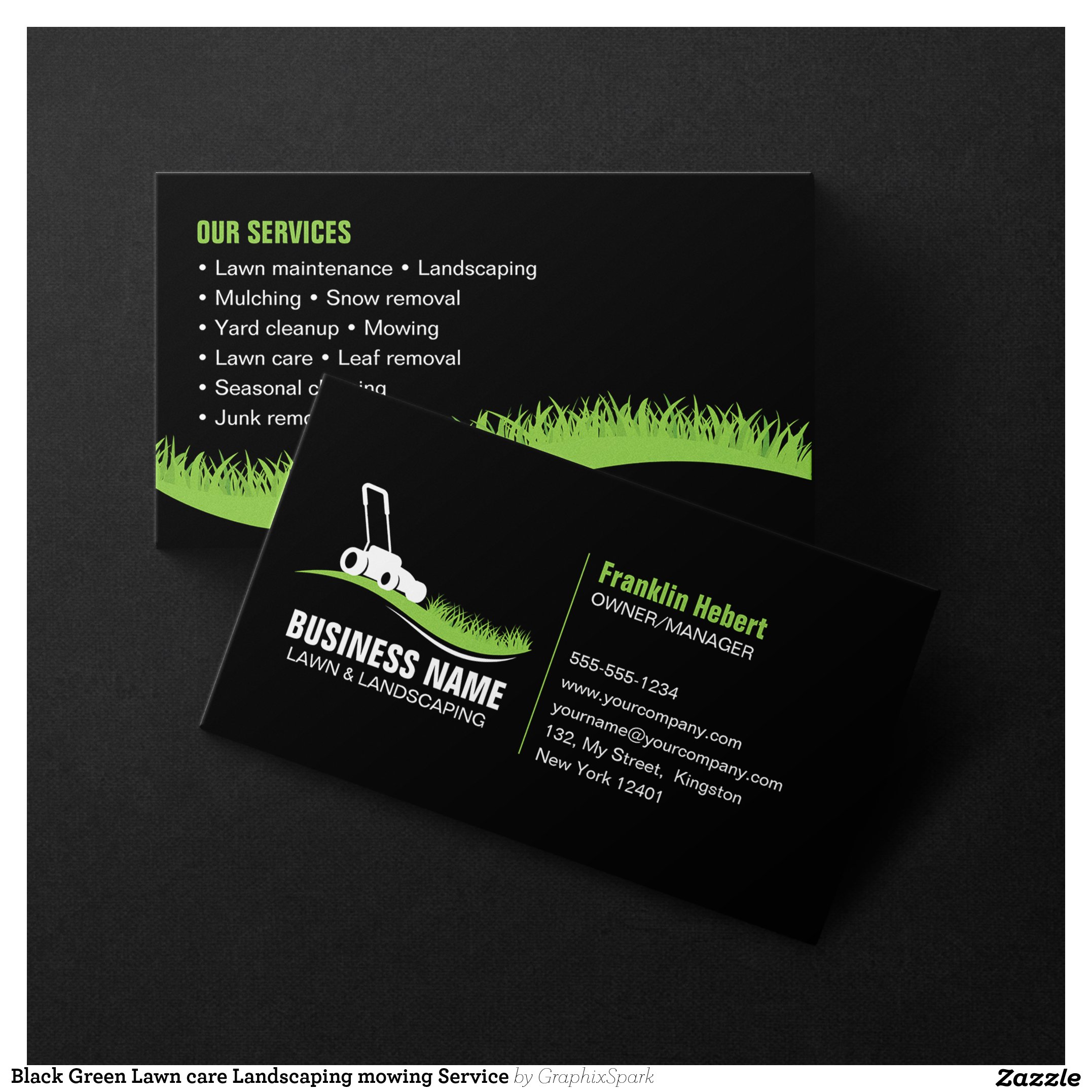 Black Green Lawn care Landscaping mowing Service Business Card