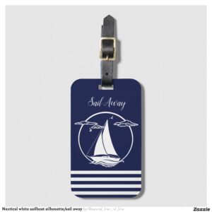 Nautical white sailboat silhouette/sail away luggage tag