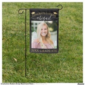 Graduation Modern Script Black Gold Photo Garden Flag