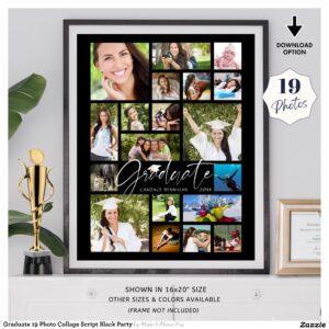 Graduate 19 Photo Collage Script Black Party Poster