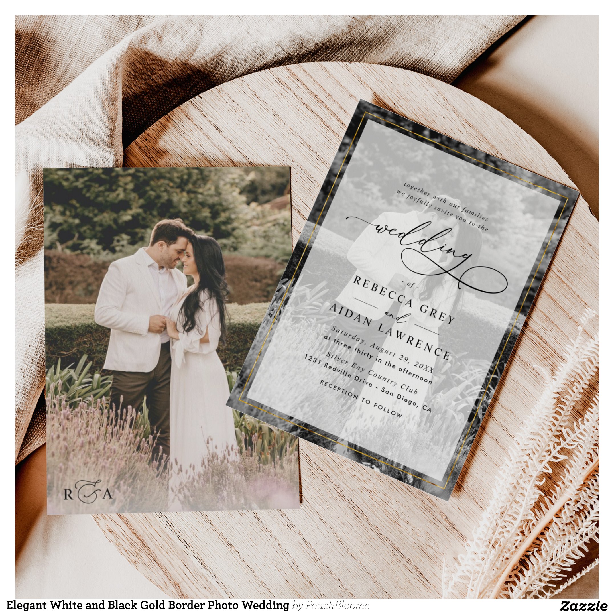 Elegant White and Black Gold Border Photo Wedding Invitation