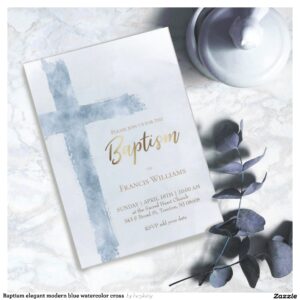 Baptism elegant modern blue watercolor cross invitation