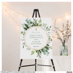 Greenery gold first communion baptism welcome sign