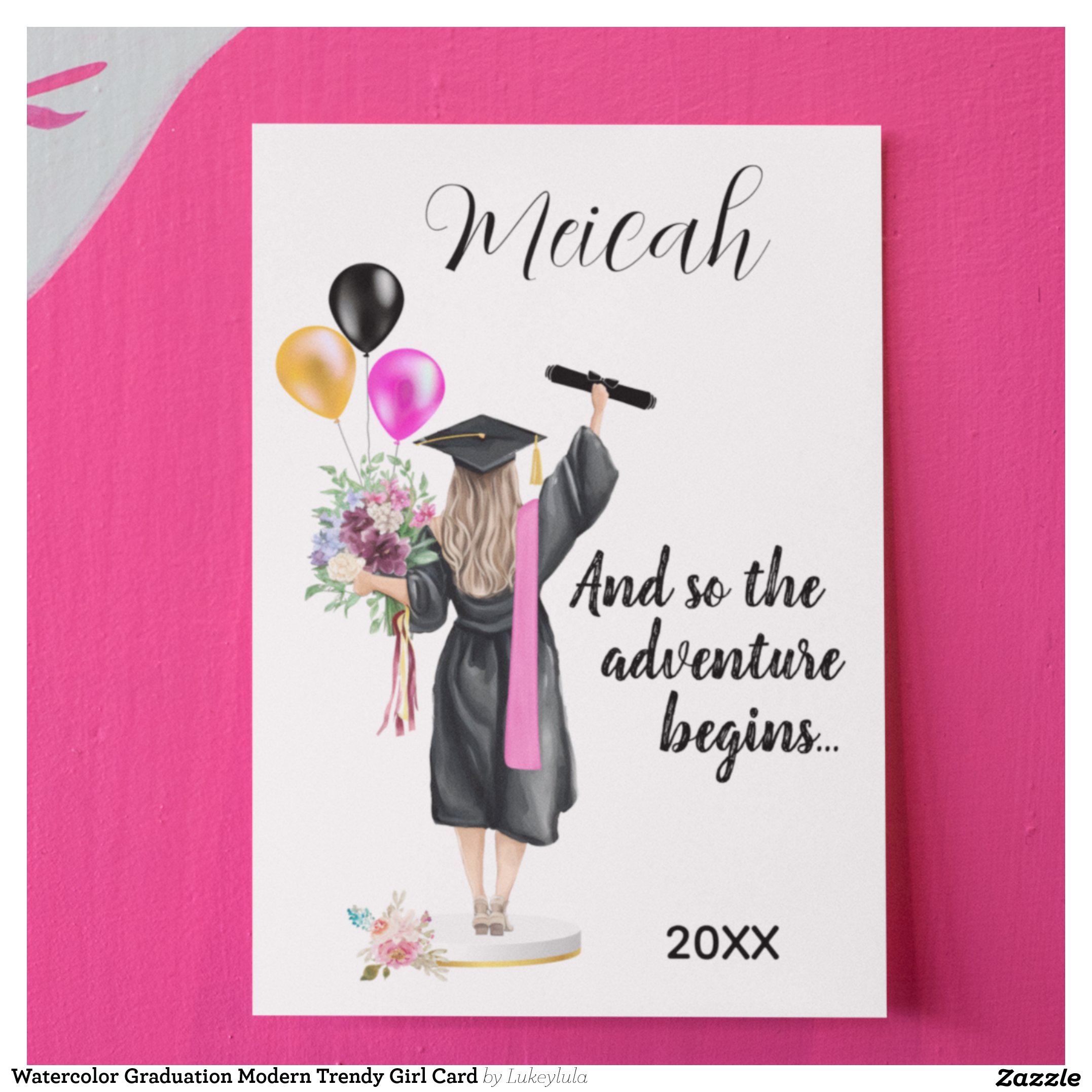 Watercolor Graduation Modern Trendy Girl Card