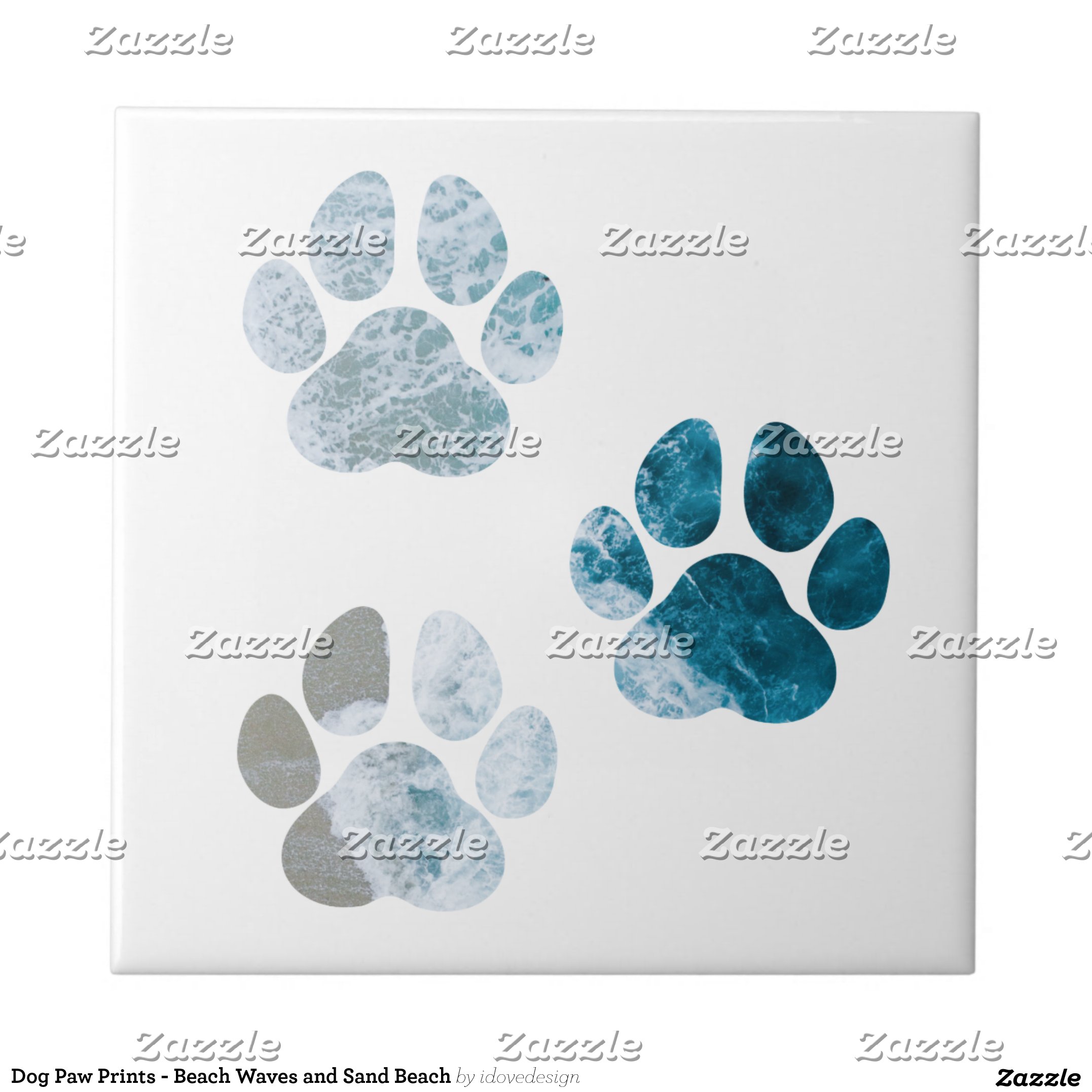 Dog Paw Prints - Beach Waves and Sand Beach Ceramic Tile