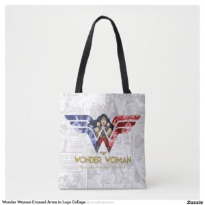 Wonder Woman Crossed Arms in Logo Collage Tote Bag