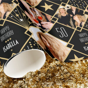 Art Deco Custom Age Name & Photos Birthday Wrapping Paper