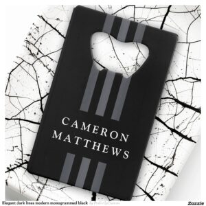 Elegant dark lines modern monogrammed black credit card bottle opener