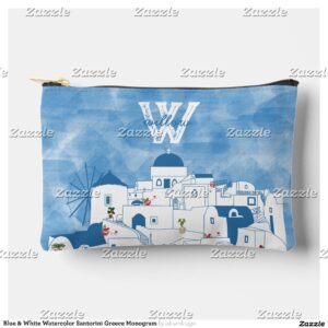 Blue & White Watercolor Santorini Greece Monogram Accessory Pouch