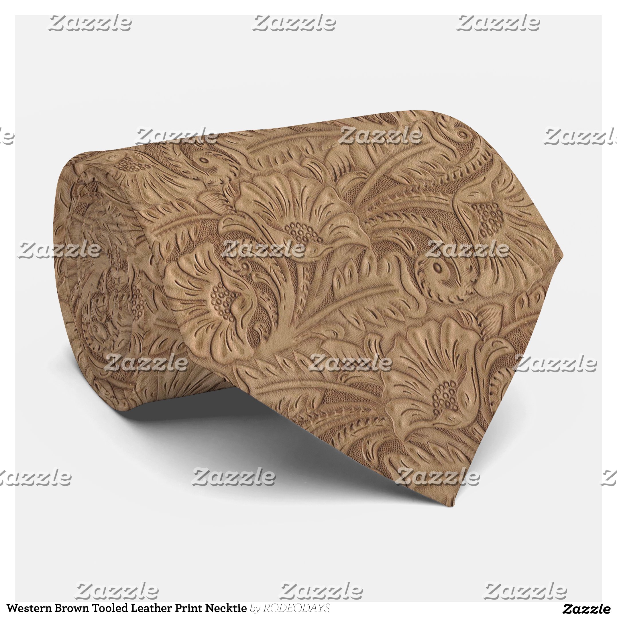 Western Brown Tooled Leather Print Necktie