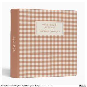 Rustic Terracotta Gingham Plaid Monogram Recipe 3 Ring Binder